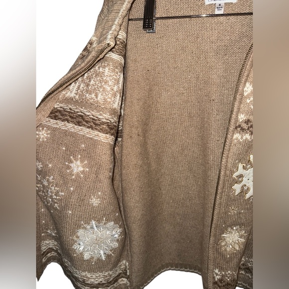 CARDIGAN SWEATER Zip Up CROFT & BARROW tan white SNOWFLAKES medium - Picture 8 of 13